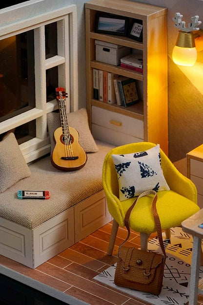 CUTEROOM DIY Doll Room Miniature Furniture Wooden House Kit - Wooden Dolls House Kit with Dust Cover & LED Light and Accessories - QT Series Dollhouse