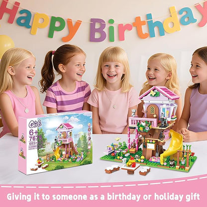 Creative Treehouse Building Blocks Toy Summer Tree House with Animals, Slide, and Picnic Table Fun Garden Playset for Girls and Boys