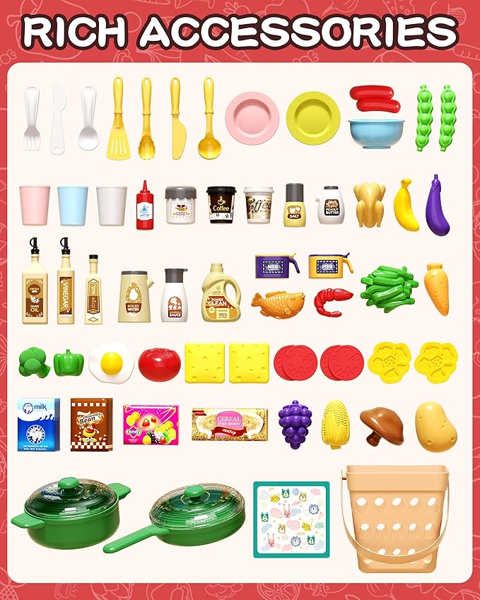 33.8IN Kids Kitchen Playset, 63 PCS Kid Play Kitchen with Realistic Lights & Sounds, Spray Sink Toy Kitchen Accessories, Pretend Food Toys Kitchen for Boys Girls Toddlers(Pink)
