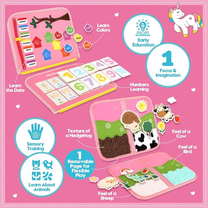 Toddler Sensory Busy Board: Travel Toy Activity Book for Girls Boys, Motor Skill Development Gift for Baby Aged 3-4 Years, Fine Educational Preschool Montessori Learning Toy for Car Airplane Unicorn