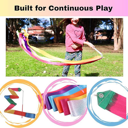 Dance Wands Ribbon Pack, Party Favors for Girls Goodie Bags, Outdoor Kids Rainbow Birthday Party Games, Gymnastics Gift Bags Steamers (multicolored ribbon with Red grip,10pcs set)
