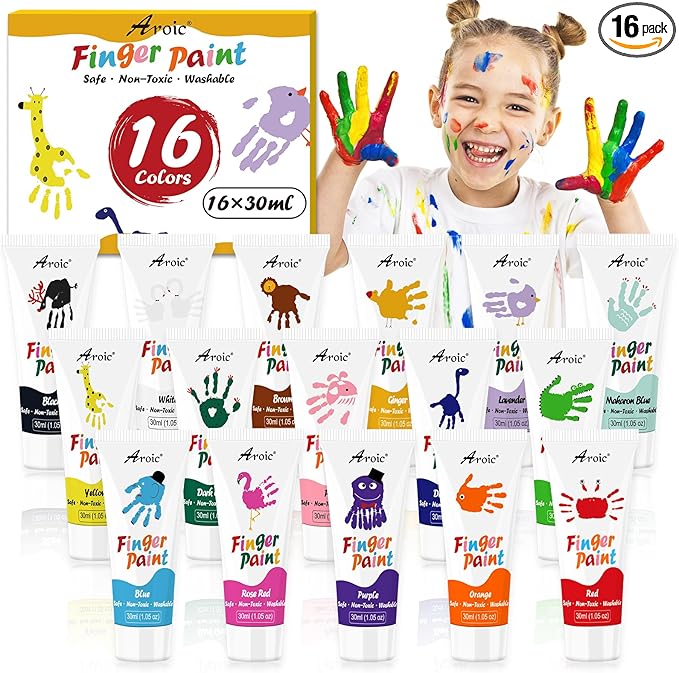 AROIC 16Colors Kids Washable Finger Paint, Non-Toxic, Art Painting Supplies for Toddlers, Finger Painting Supplies for Kids, Hand Paint Set DIY Crafts