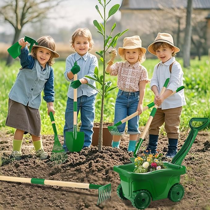 Duckura Kids Gardening Tools Set - 10pcs Wheelbarrow Set for Kids with Shovel, Rake, Leaf Rake, Summer Outdoor Yard Digging Weed Toys, Halloween Birthday Gifts for Boys Girls Age 2 3+ Years Old(Green)
