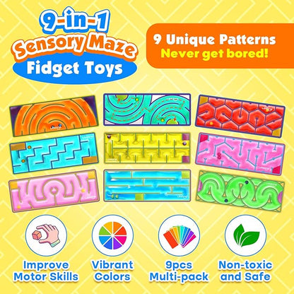 LESONG Sensory Toys for Kids: 9-Pack Squishy Sensory Maze for Autism - Fidget Toys Gel-Filled for Calming Down Travel, Classroom & Adult Office - Gifts Prizes for Kids Stocking Stuffers Goodie Bags