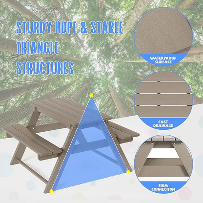 Costaelm Kids Picnic Table, HDPE All Weather Outdoor Toddler Picnic Table and Chair Set Kids Bench for Patio, Backyard, Garden, Lawn, Weathered Wood