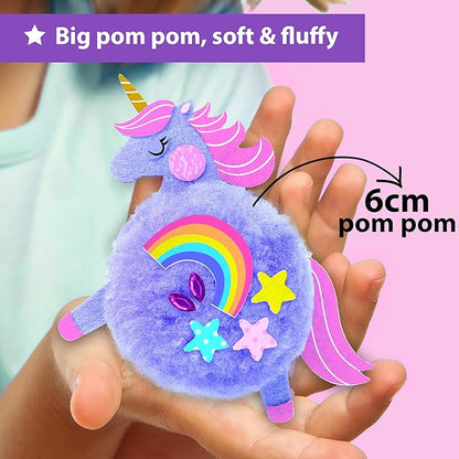 KRAFUN Easy Pom Pom Craft Kit for Girls, 8 Cute Crafts (Unicorn, Fairies), Felt Stickers, Instructions, Creative DIY Set, Adorable Educational Toy