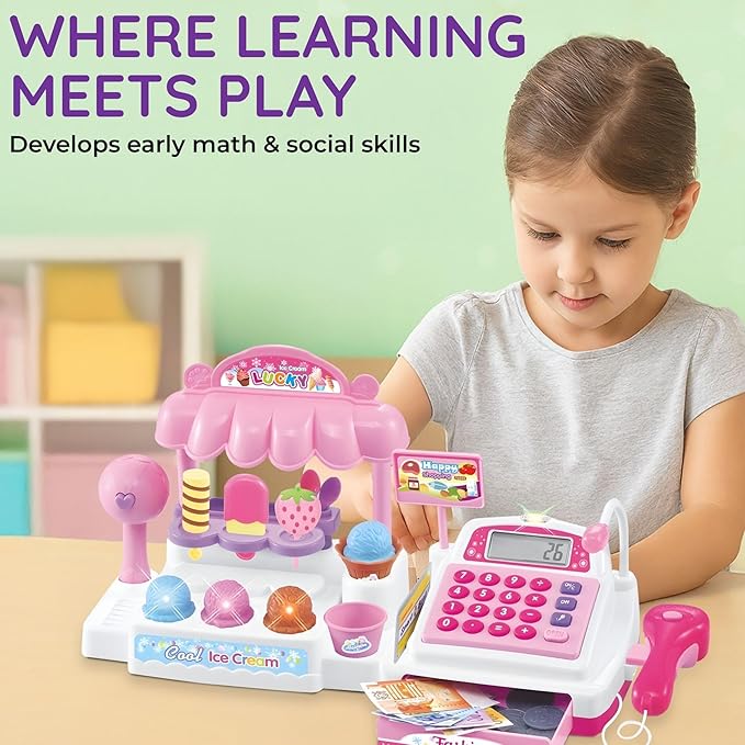 Ice Cream Store Mini Cash Register with Pretend Play Desserts, Working Scanner, Calculator, Microphone, Money and Credit Card