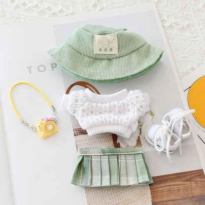 17cm Doll Clothes Set, 5 Pieces Dress Outfit Set for 6.7inch Doll Suit, Fashion Chic Hat & Clothes Accessories for 1st/2nd/3rd Gen Dolls Play & Display Green