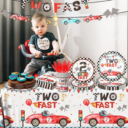 Two Fast Birthday Party Supplies, 142pcs Race Car 2nd Birthday Decorations Tableware Kit Includes Race Car Plates Napkins Tablecloth for Two Years Old Party Baby Shower Decorations Favors for Boys