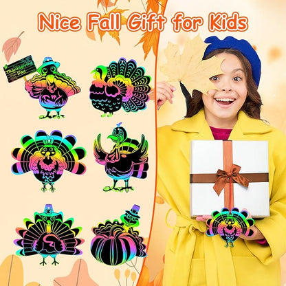 JULMELON 36Pcs Thanksgiving Fall Arts and Crafts, Rainbow Scratch Paper Art Cute Turkey Crafts for School Classroom Activity Autumn Harvest Thanksgiving Party Favors Gifts