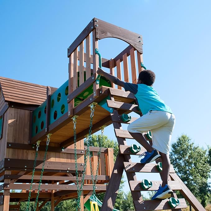 Backyard Discovery Woodridge Elite Cedar Wood Swing Set with Wave Slide, Clubhouse, Crawl Tunnel, Crow's Nest, Belt Swings, Trapeze, Rock Wall Ladder, Sandbox, Wrap-Around Porch, Deck, Outdoor Playset