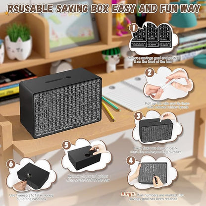 Wooden Money Saving Box, Cash Vault Savings Box for $10000 $5000 $3000 $1000 $800 $500 Target Money Saving Challenge, Reusable Money Box with Counter, Dry Erase Pen/Savings Trackers/Rubber Band-Black