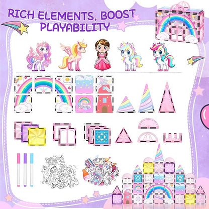 Diamond Magnetic Tiles Unicorns Princess Castle with Magnetic Art Decor Kit, Unicorn Toys for Girl 3 4-6-8, Magnet Tiles for kids 4-8 5 6 7+ Girl Gifts,Magnet Toys Include 5 Dolls,Rainbow,Candy,Decors