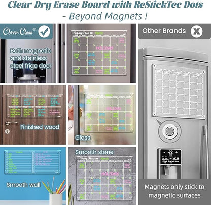 Clear Non-Magnetic Calendar Set for Fridge - Dry Erase Transparent Monthly and Weekly Calendar, List and Blank Whiteboard - Sticks to Wall, Glass, Door, Any Smooth Surfaces