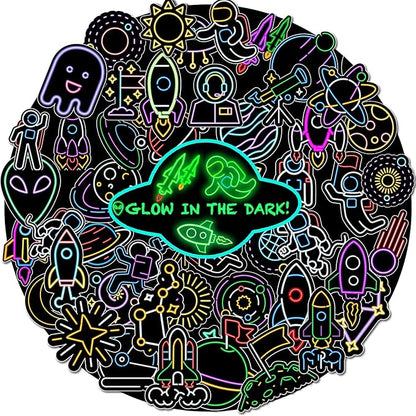 52 PCS Glow in The Dark Neon Space Stickers for Kids, Waterproof Water Bottle Stickers for Kids Astronaut Planet Vinyl Laptop Decals for Teens Girls Boys