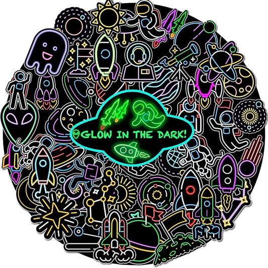 52 PCS Glow in The Dark Neon Space Stickers for Kids, Waterproof Water Bottle Stickers for Kids Astronaut Planet Vinyl Laptop Decals for Teens Girls Boys