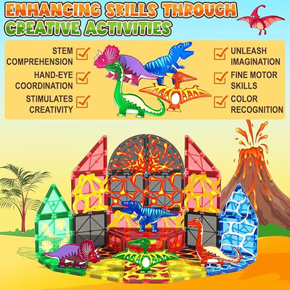 Dinosaur Toys Magnetic Tiles Lava Dinosaur World Set - Magnetic Blocks Building for Kids 3-5 5-7 Girls Boys Toy Age 4-6 6-8, Classroom Must Haves Toddler Sensory for 3+ Year Old Kids Toys