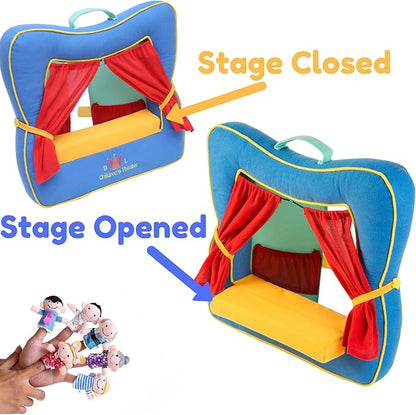 Finger Puppet Theater Stage by Better Line - Set Includes 6 Finger Family Puppets - Portable Plush Finger Puppet Theater is The Best Preschool Kids (Blue)
