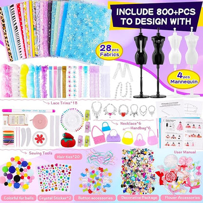 800+PCS Fashion Designer Kits for Girls, Doll Clothes Making Kit with 4 Mannequins, Creativity DIY Arts & Crafts Toys for Kids, Sewing Kit for Girls Aged 6-12+ Birthday Gifts