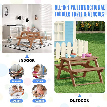 Costaelm Kids Picnic Table, HDPE All Weather Outdoor Toddler Picnic Table and Chair Set Kids Bench for Patio, Backyard, Garden, Lawn, Teak