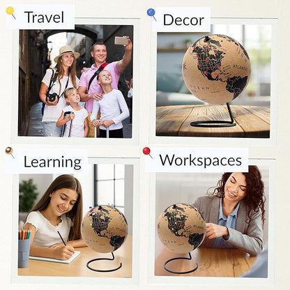 Large Cork Globe 12.6" Tall | World Travel Map with Metallic, Colored & National Flags Push Pins | 3D World Map Pin Board for Home or Office | Unique Gift for Travelers, Couples & Families
