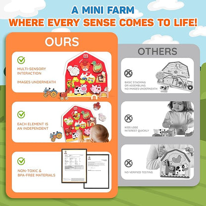 Wooden Montessori Farm Puzzles for Toddlers 1-3 – Interactive Sensory Animal Toys with Textures & Sound -Educational Puzzle & Baby Gifts for Fine Motor Skills & Autism Friendly (8 Puzzles)
