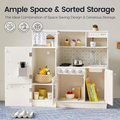 Tiny Land Play Kitchen for Kids, Upgraded Wooden Kitchen Toy with Complete Play Areas, Pretend Cooking Set with Sink, Stove, Microwave, Toy Coffee Station & Storage for Kids Ages 3+