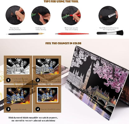 Scratch Art Book for Adults - 12PCS Scratch Painting Foil Art for Adults Scratch City Series Books Foil Engraving Scratch Art Adult Set with 6 Tools