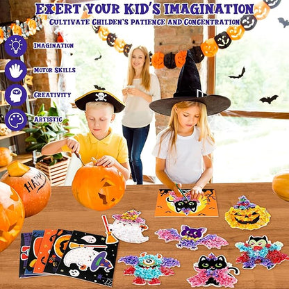 Lonfliness 8PCS Poke-in Craft and Art Kit Kids Halloween No-Mess Fabric Sewing Art Girl Boy 4-12 Puzzle Puncture Painting DIY Bat Pumpkin Ghost Halloween Toy Gift Creative Activity Game Birthday Party