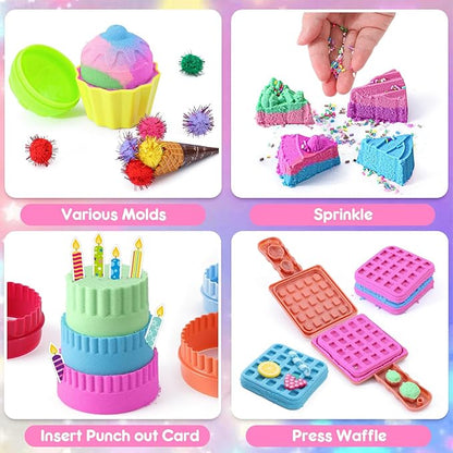 Golray Ice Cream Sensory Bin for Girls, Play Sand Art Kit with Sandbox, 2lb Magic Sand, Cake & Waffle Molds, Pretend Play Desserts Toys, Sensory Toy Set Gifts for Girl Toddlers Ages 3 4 5 6 7 8