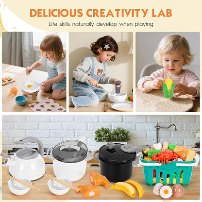 130Pcs Kitchen Playset, Toddler Pretend Cooking Play Pots, Pans, Utensils Cookware, Daily Food Fruit Veges, Shopping Storage Basket, Dessert, Prop Money, Learning Gift for Child (White)