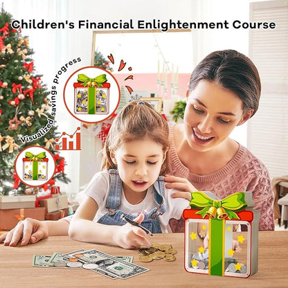 Wooden Christmas Piggy Bank for Kids, Gift Box Piggy Bank with Acrylic Panels, Unbreakable Toddler Money Box for Boys Girls, DIY Kids Safe Coin Bank with Letter Sticker