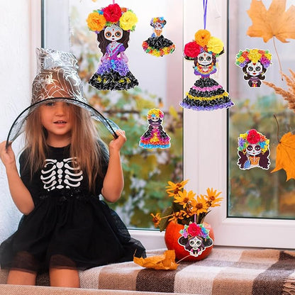 Fennoral 8 Pack Day of The Dead Poke in Art for Kids Make You Own Day of The Dead Craft Kits DIY Poke EVA Foam Sugar Skull for Classroom Art Activity Dia De Los Muertos Halloween Decoration