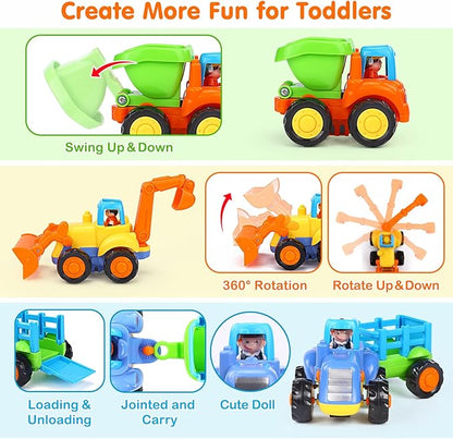 Inertia Toy Early Educational Toddler Baby Toy Friction Powered Cars Push and Go Cars Tractor Bulldozer Dumper Cement Mixer Engineering Vehicles Toys for Children Boys Girls Kids Gift 4PCS