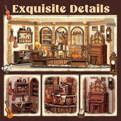 Cutefun Book Nook Kit - DIY Miniature House Dollhouse Kit, Book Nook Kits for Adults, Bookshelf Insert Bookend with LED Light for Teens and Adults (Bach Strings)