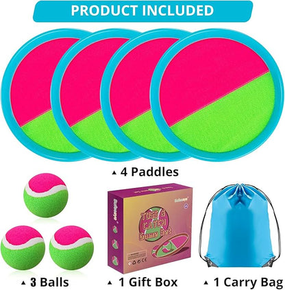 Beach Games, Outdoor Toys for Kids Ages 4-8, Toss and Catch Ball Set, with 4 Paddles 3 Balls, and 1 Storage Bag, Beach Toys Easter Gifts for Kids -2 Pink + 2 Blue