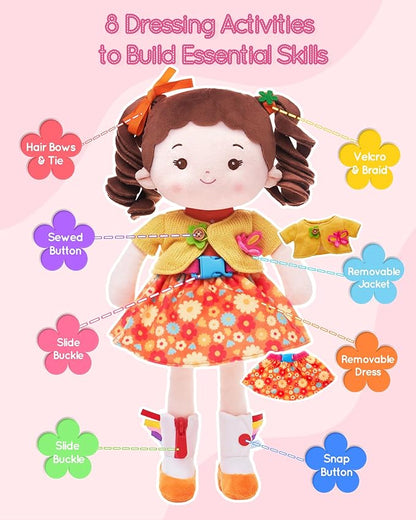 LeyaDoll Learning Sensory Doll for Toddlers, Montessori Toys for 2-Year-Old Girls Christmas, Birthday Gifts, Plush Doll with Zipper, Shoelace, Button-Busy Flora Girl