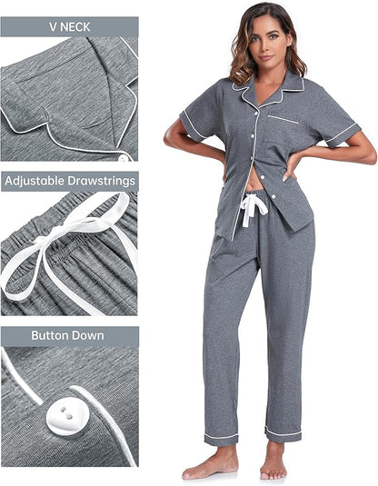 CF Womens 100% Cotton Pajamas Set Button Down Pjs Sets Short Sleeve Top & Long Pants Sleepwear Comfy Loungewear with Pockets