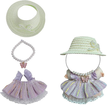 Clothes for Doll 3 PCS 17cm Clothes Set Cute Style Outfit Purple Dress Straw Hat Necklace for 6.7 Inches Doll Only Accessories
