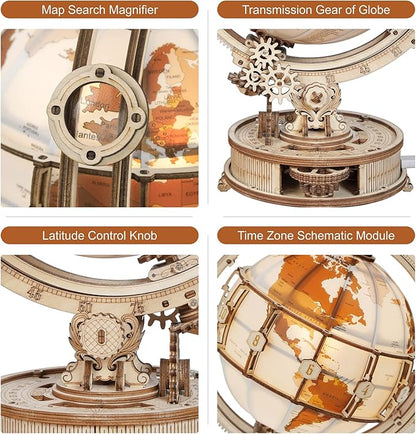 ROBOTIME ST003 Luminous Globe - Wooden 3D Puzzles for Adults with LED Light - Globe Model Building Kit for Teens & Adults