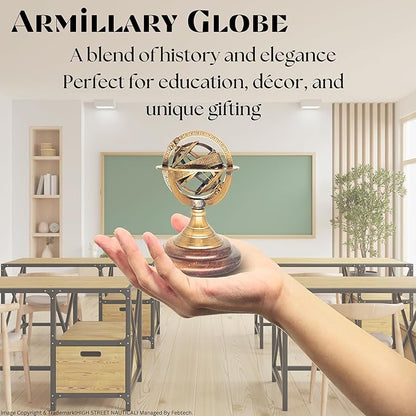 Antique Style Nautical Brass Armillary Sphere World Globe Astrolabe Mounted on Wooden Base - Perfect Decor Accent for Office
