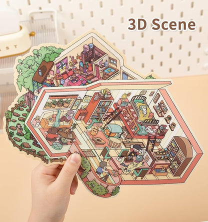 DIY 3D House Stickers, 4 Sets Fun DIY Stickers Scene Make Your Own Mini House Cute Cartoon Animal Scene Stickers for Kids Adult Sticker Art Relief Stress Pass The Time- Large Size