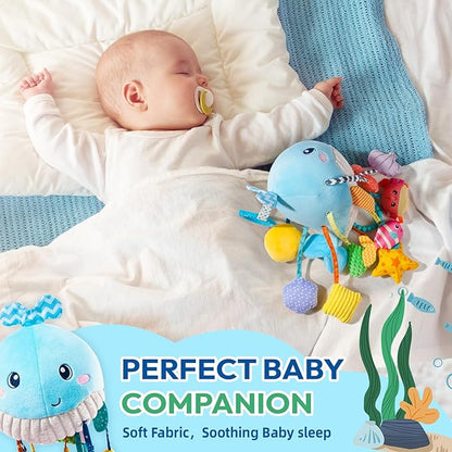 Jollybaby Plush Stuffed Activity Pull String Hanging Toys for Stroller Car Seat Crib or Gym, Montessori Sensory Carseat Toy for Baby 0-3-6-12-18 Months, Whale Toy for Infant Baby Boy Girl Gifts