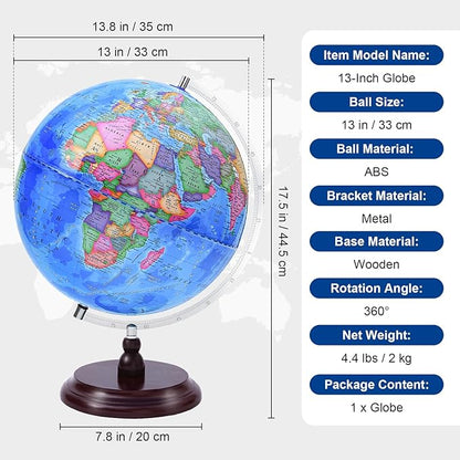 World Globe for Children and Adults, 13 inch Educational Spinning Earth Map with Stand, Self-Assembled Interactive World Globes for Kids Learning, Classroom, Students Desk, Room and Office Decor