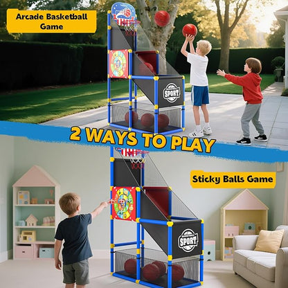 EagleStone 2-in-1 Kids Arcade Basketball Hoop with Dart Board,4 Balls Adjustable Height Basketball Toy Indoor Outdoor Carnival Games Gift for Boys Girls Toddlers Ages 3-12 Years Old,Pump Included