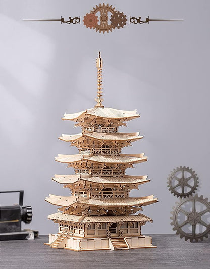 ROBOTIME 3D Puzzle Wooden Craft Kits for Adults DIY Model Building Kit Best Gift for Kids (Five-Storied Pagoda)