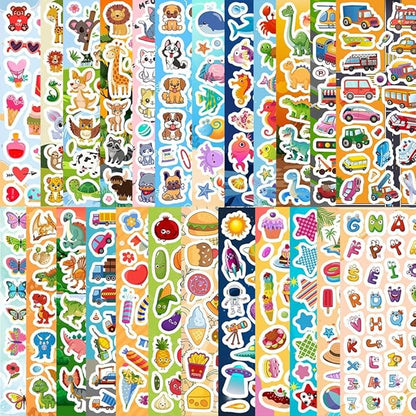 48 Sheets Stickers for Kids, Cute Kids Stickers Variety Pack for Scrapbooking, Teachers Classroom Prizes, Goodie Bag Stuffers Including Animals, Cars, Dinosaurs, Fishes, Hearts, Stars and More