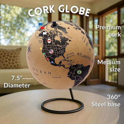 Medium Cork Globe 9.4" Tall | World Travel Map with Metallic, Colored & National Flags Push Pins | 3D World Map Pin Board for Home or Office | Unique Gift for Travelers, Couples & Families | Push Pin Map