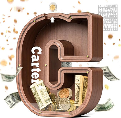 Summidate Wooden Letter Piggy Bank, Extra Thick Large Capacity Piggy Bank for Kids Boys Girls Toddler, Alphabet C Money Bank| Coin Box Birthday, Christmas, Festival