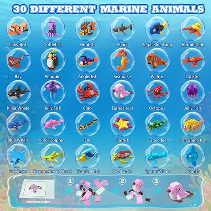 HOGOKIDS 30 Pack Animals Party Favors for Kids, 824PCS Mini Marine Animal Building Block Sets for Goodie Bags Filler Classroom Prizes, Easter Basket Stocking Stuffer Birthday for Boys Girls 6+